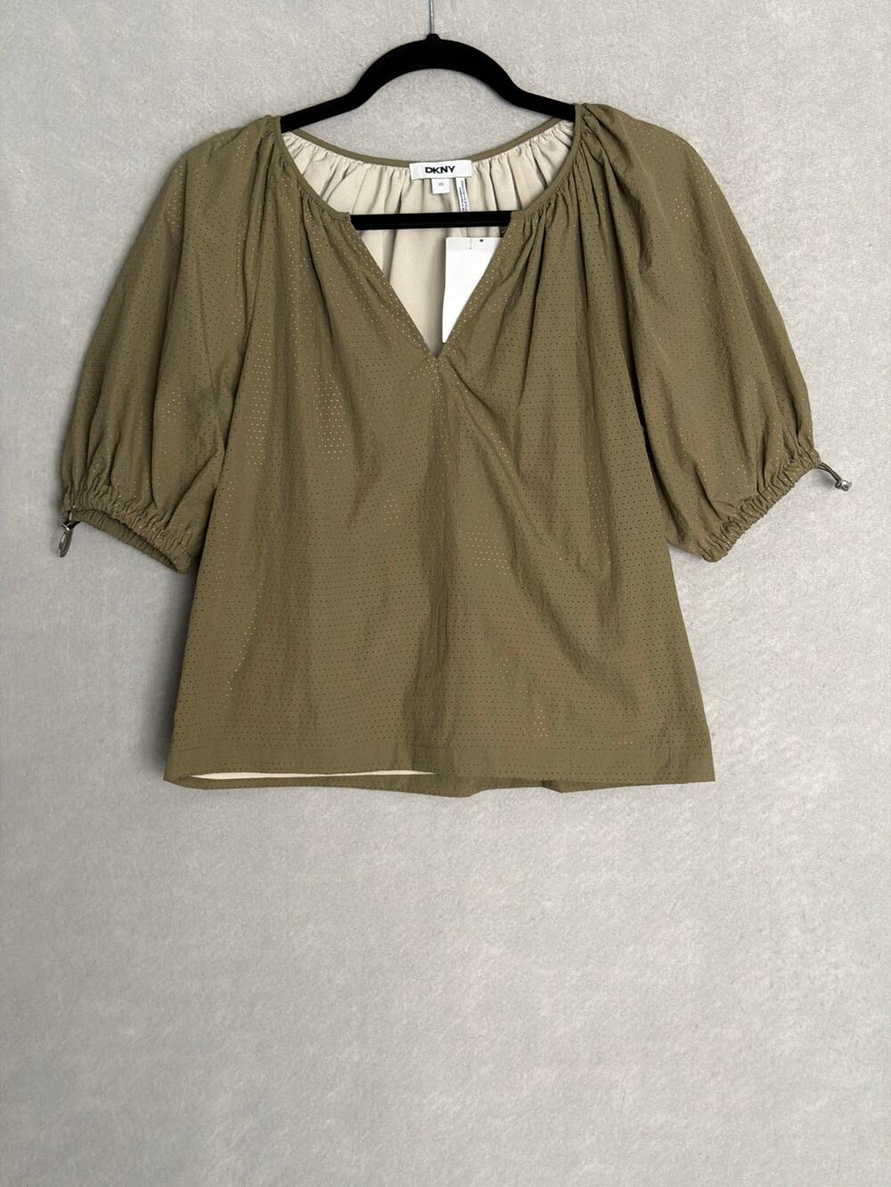 DKNY Perforated Drawcord Puff Sleeve Top Split Collar Utility Green Women's XS
